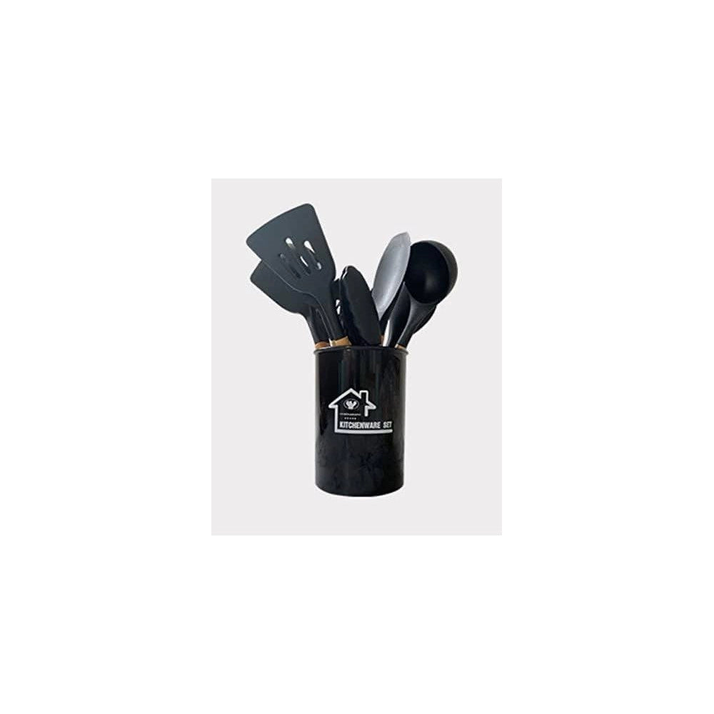 Trade Shop - Set 12 Utensili Da Cucina In Silicone Con Manico Legno Antiaderenti Resistenti -