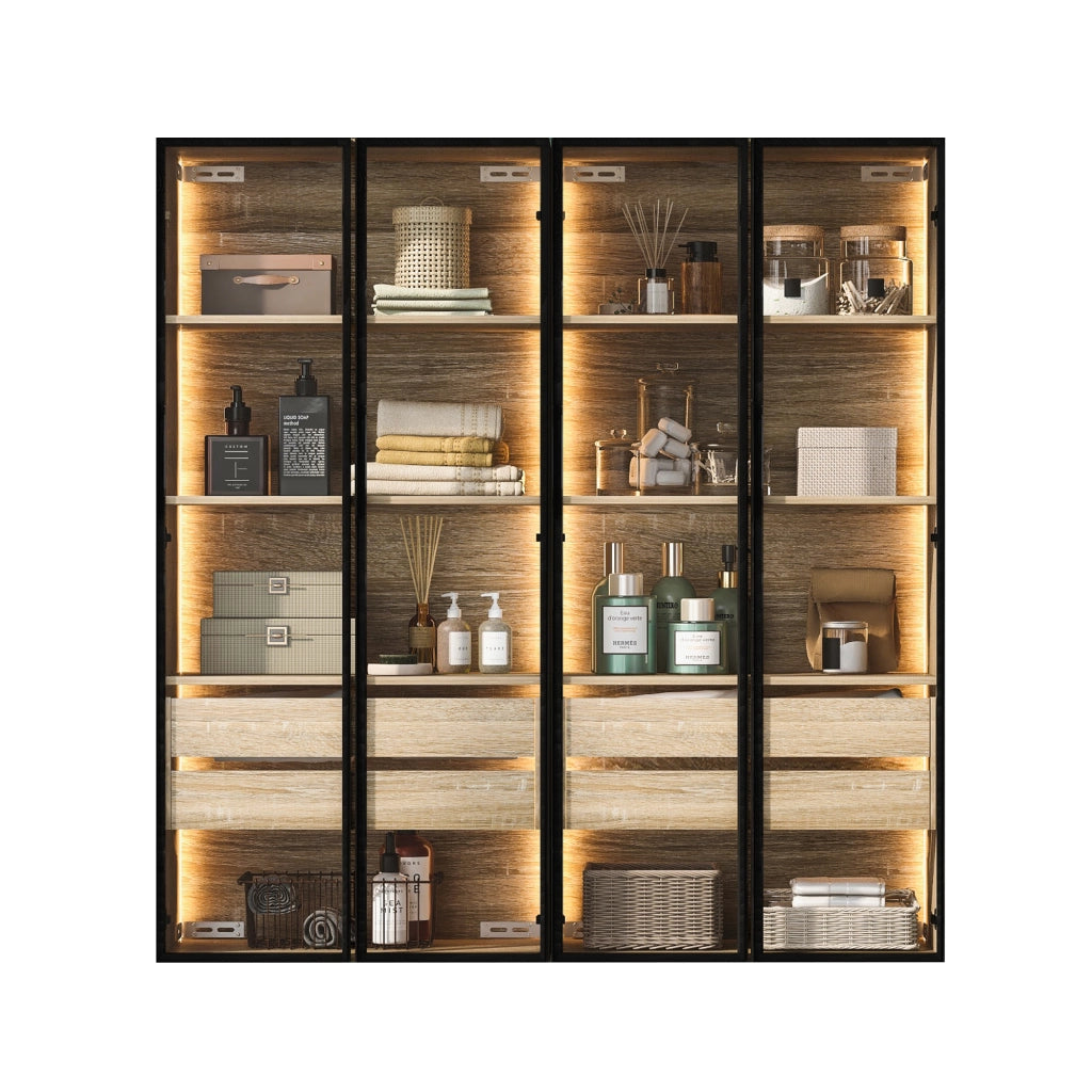 Armadietto da bagno con LED, 2 cassetti, 2 ante in vetro satinato e vani aperti, per bagno, in MDF naturale, 73 cm