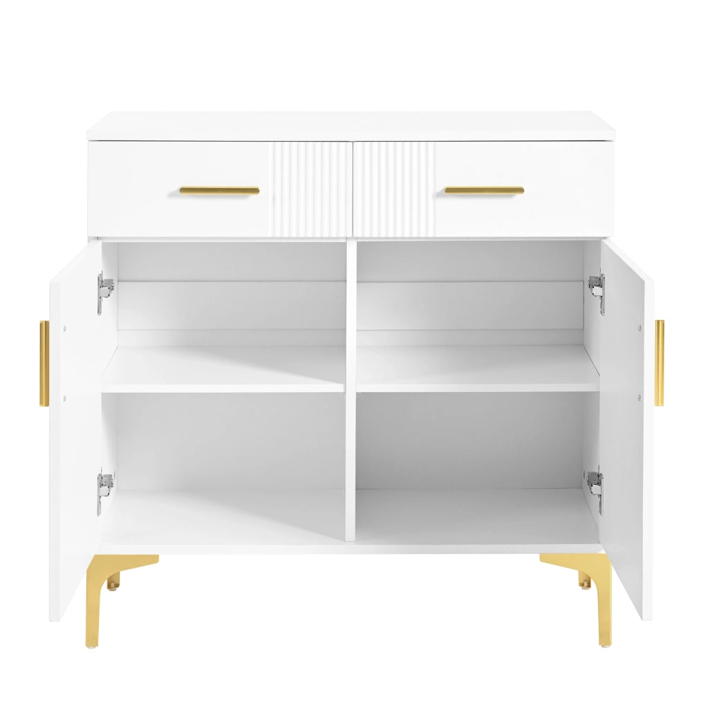 Credenza moderna bianca con 2 ante e 2 cassetti, struttura in MDF, sistema antiribaltamento, 80 x 35 x 79,5 cm