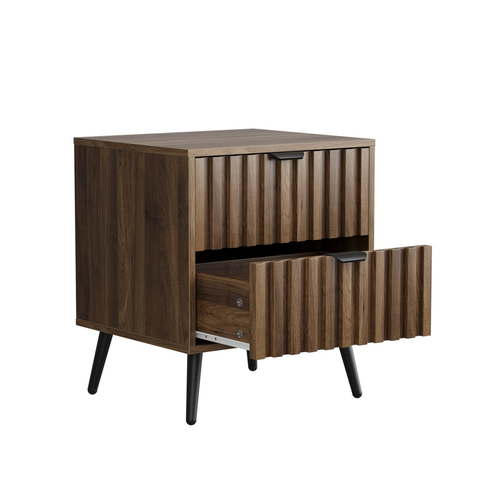 Comodino moderno con 2 cassetti, struttura in MDF e design incassato, colore Noce, 45 x 40 x 53 cm