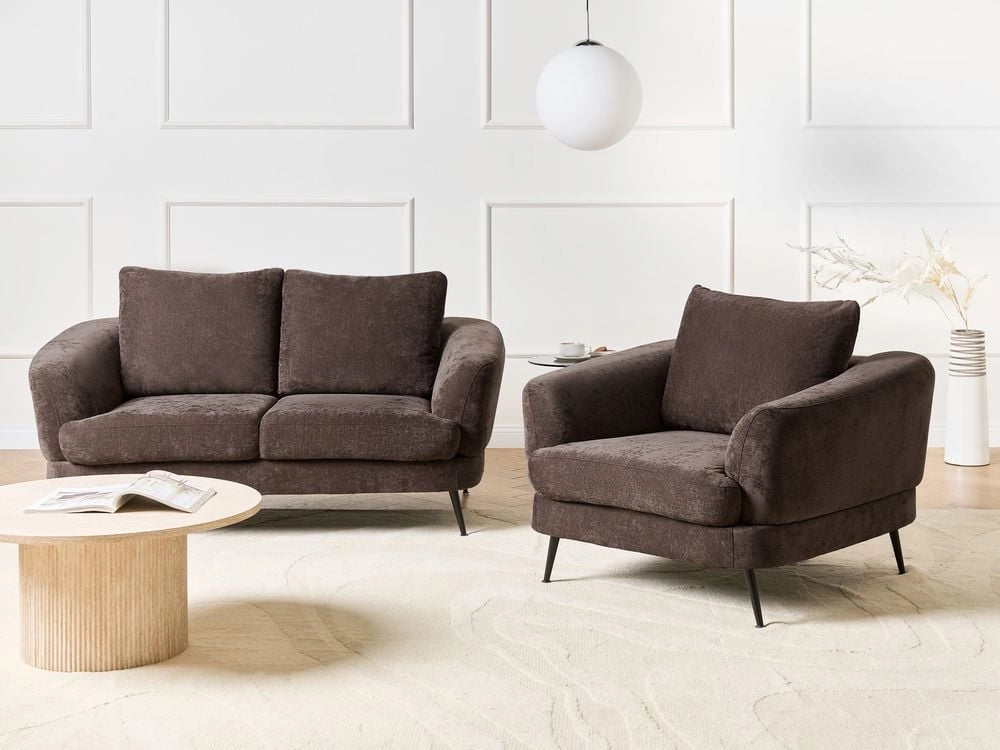 Set divano 3 posti Rivestimento in ciniglia marrone scuro Gambe in ferro con braccioli Soggiorno Stile moderno
