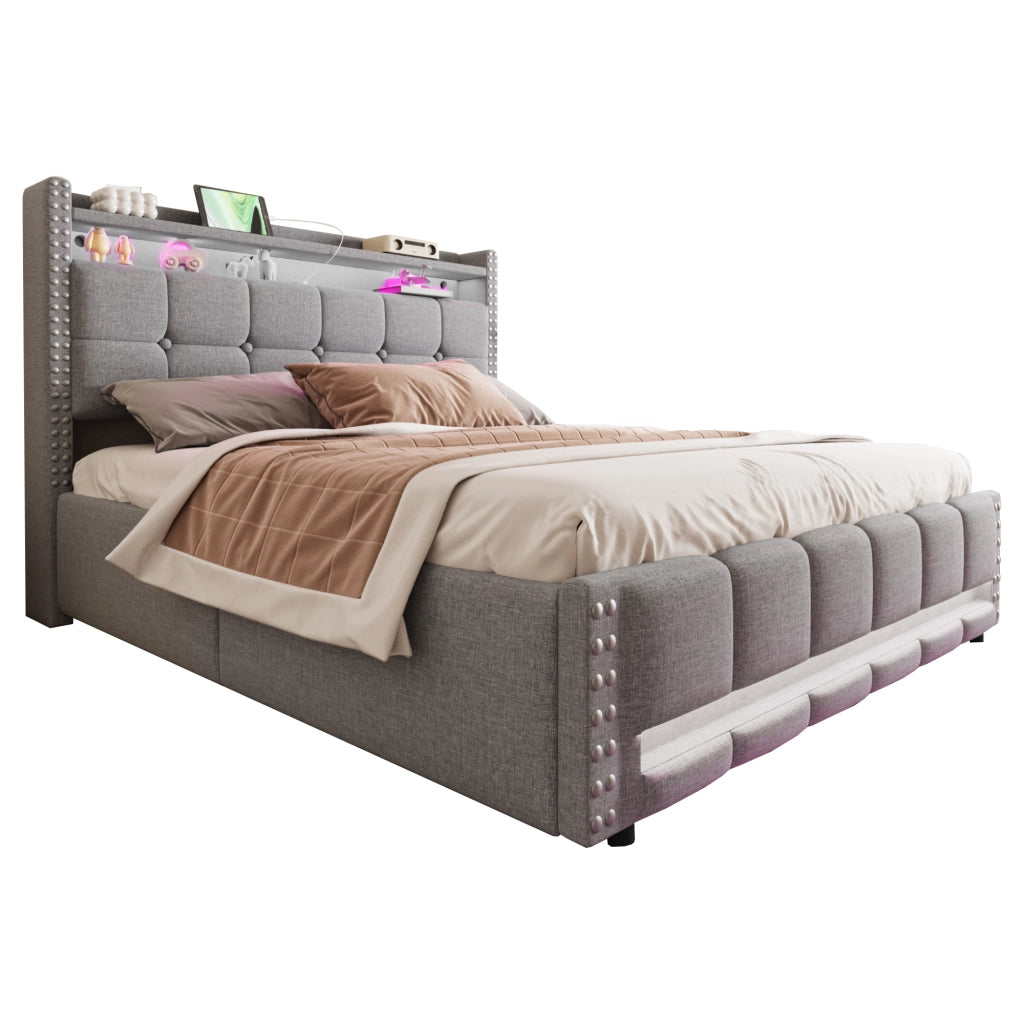 Letto Matrimoniale 160x200 cm; 2 Posti - USB; LED; Contenitore; Ripiani; Tessuto Grigio Chiaro