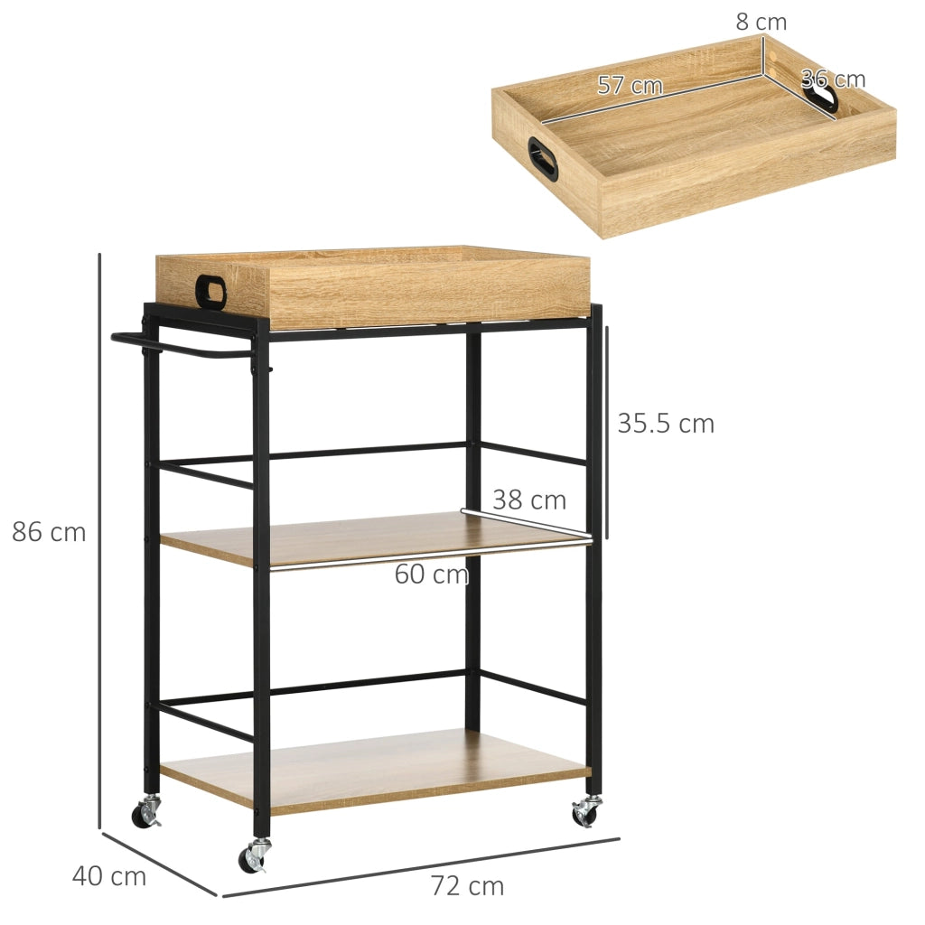 Carrello da Cucina 72x40x86 cm 3 Ripiani con Vassoio Rimovibile e Ruote Girevoli in Truciolare e Acciaio Nero