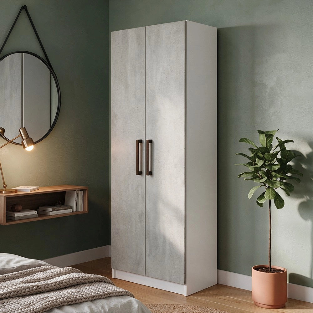 Armadio 2 Ante 90 cm H 247 cm Bianco e cemento Made in Italy
