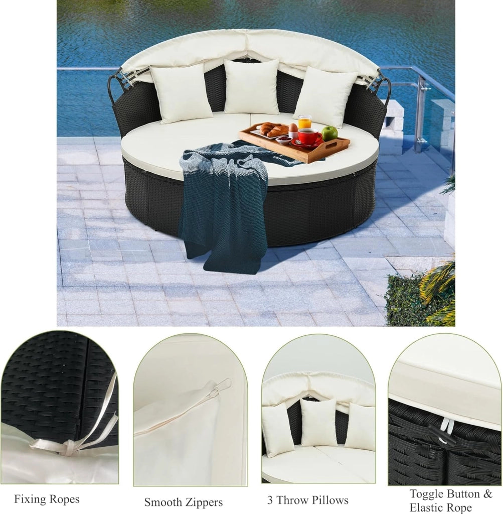 Set Giardino da Esterno in Rattan PE, Divano Rotondo in 4 Pezzi con Cuscini, Lounge Letto Matrimoniale con Tettuccio Parasole, Lettino Prendisole Max 360kg per Piscina e Cortile, 168x180x157