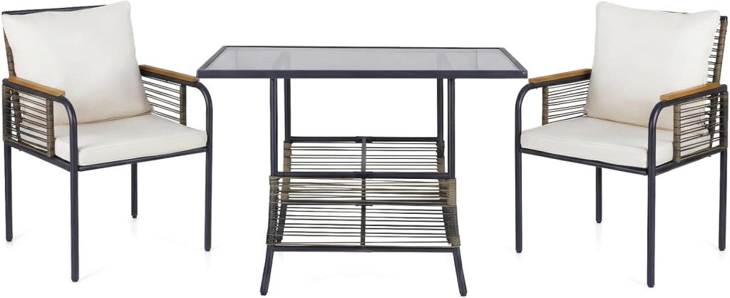 Set Mobile da Giardino in PE Rattan, Tavolo e 2 Sedie con Piano in Vetro Temperato, Cuscini Morbidi e Braccioli in Legno-Plastica, Salotto da Estemo per Cortile, Patio, Piscina (Grigio)