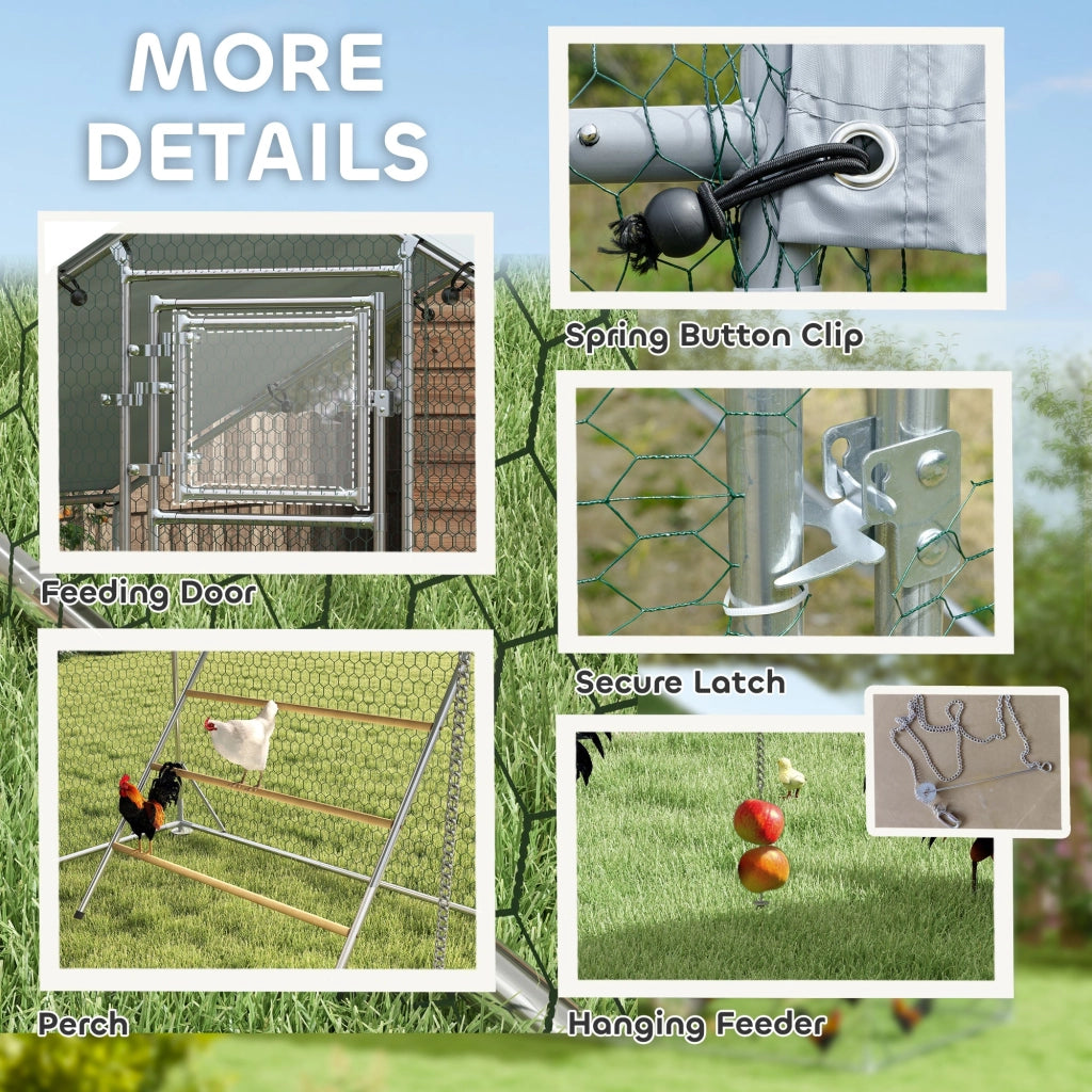 Recinto per Galline da 6 mq 300x200x195 cm per 6-8 Animali con Tetto Impermeabile Mangiatoia e Posatoio Argento