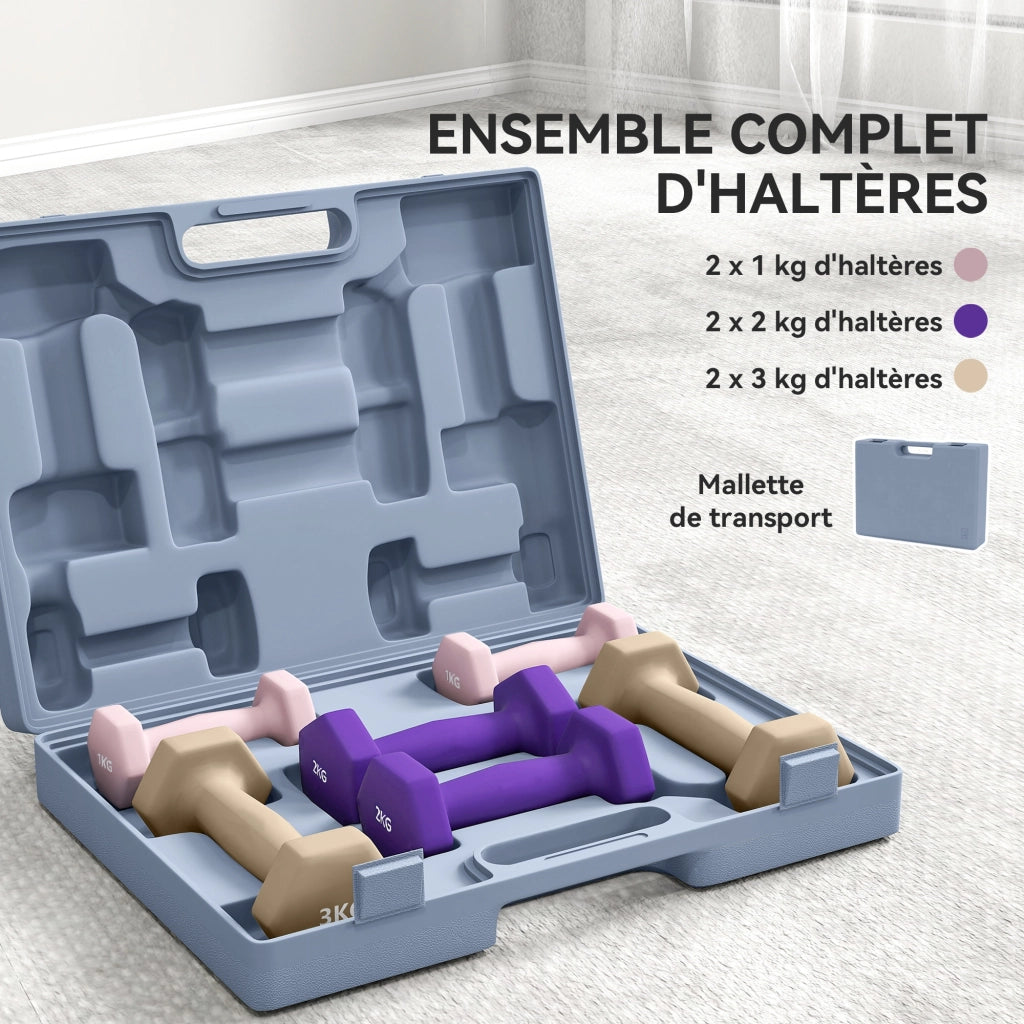 Set Manubri Esagonali 12 kg ¨C Xylo ¨C 6 Pezzi con Valigetta Rivestimento Poliuretano Acciaio Multicolore
