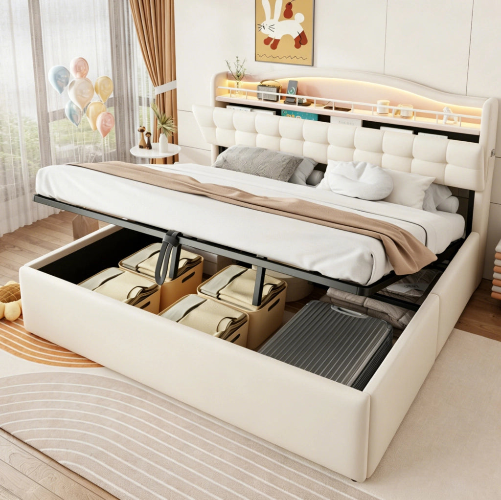Letto imbottito 180x200 cm con contenitore idraulico; LED; USB e USB-C; beige