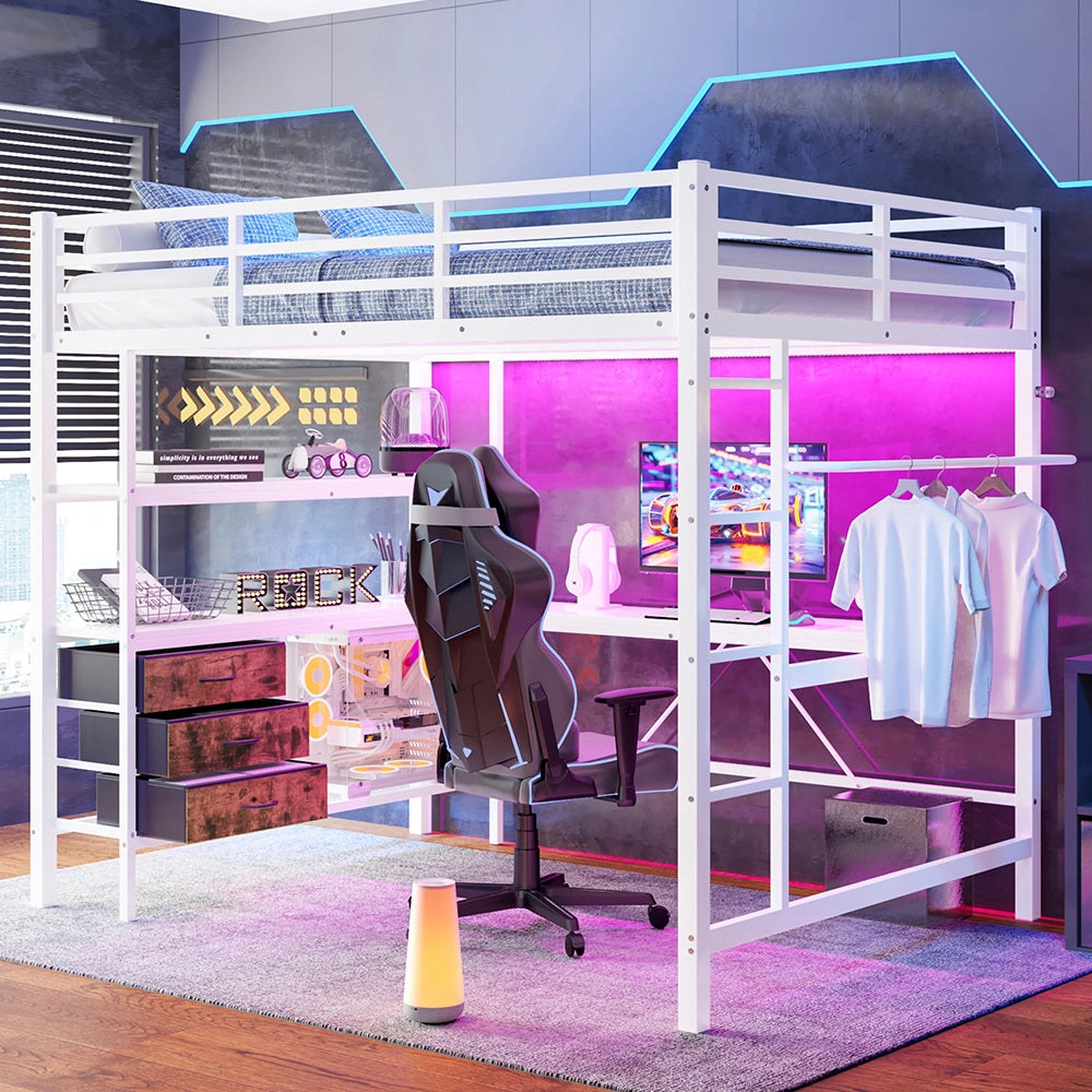 Letto mezzanino 140x200cm - Xylo - bianco, luce RGB, USB, scaffali, senza rete