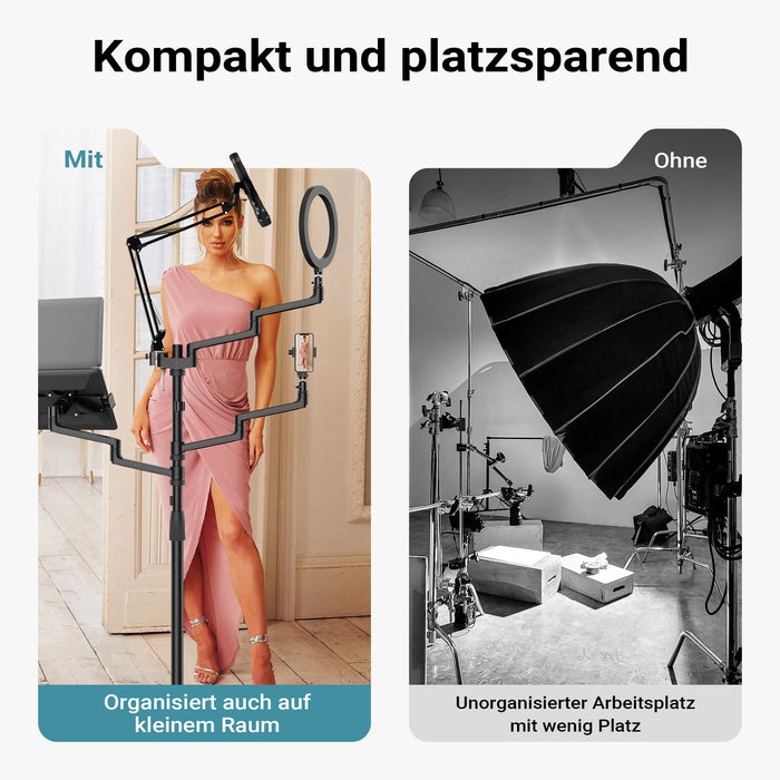 Supporto da terra 4in1 con 1 asta per microfono + 3 bracci articolati per accessori, con morsetto e ring light a 3 modalità, treppiede con rotelle per fotocamera per dirette e live
