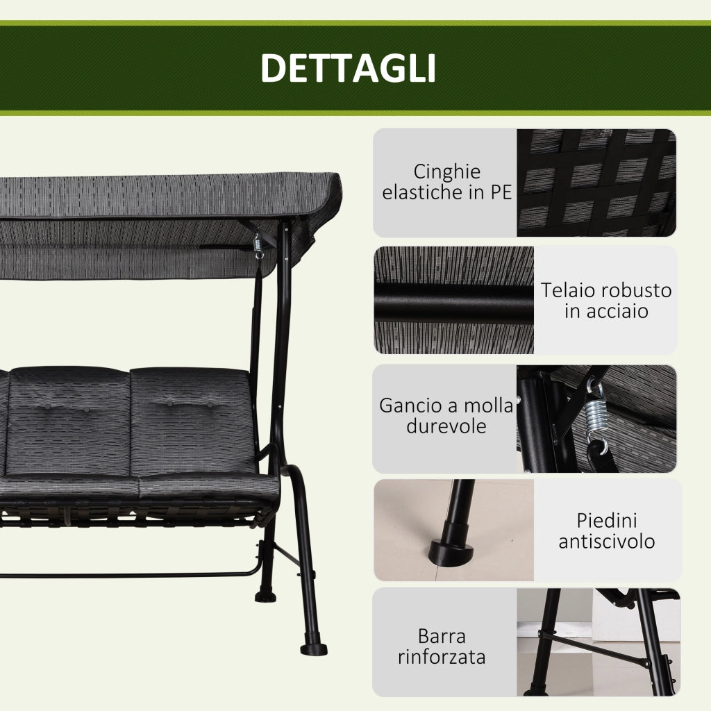 Dondolo da Giardino per 3 Persone con Tettuccio e Cuscini ¨C zephmum ¨C Nero, PolyRattan, 200x120x170cm