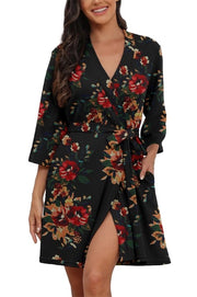 Kimono Casual Driekwart Mouw Badjassen da Donna (Floral Roodbruin Zwart, S)