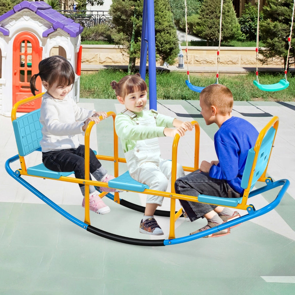 Altalena basculante oscillante di metallo con maniglie e 3 posti a sedere, Altalena saliscendi per bambini Blu-Giochi su prato