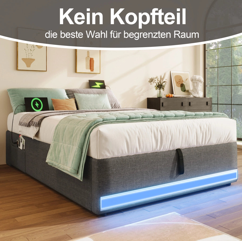 Letto imbottito 90x200 cm con LED, USB/Type-C e contenitore