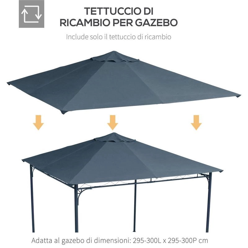 TETTO DI RICAMBIO 3X3M, TELO SOSTITUTIVO PER GAZEBO IN POLIESTERE CON 8 FORI DI VENTILAZIONE, GRIGIO