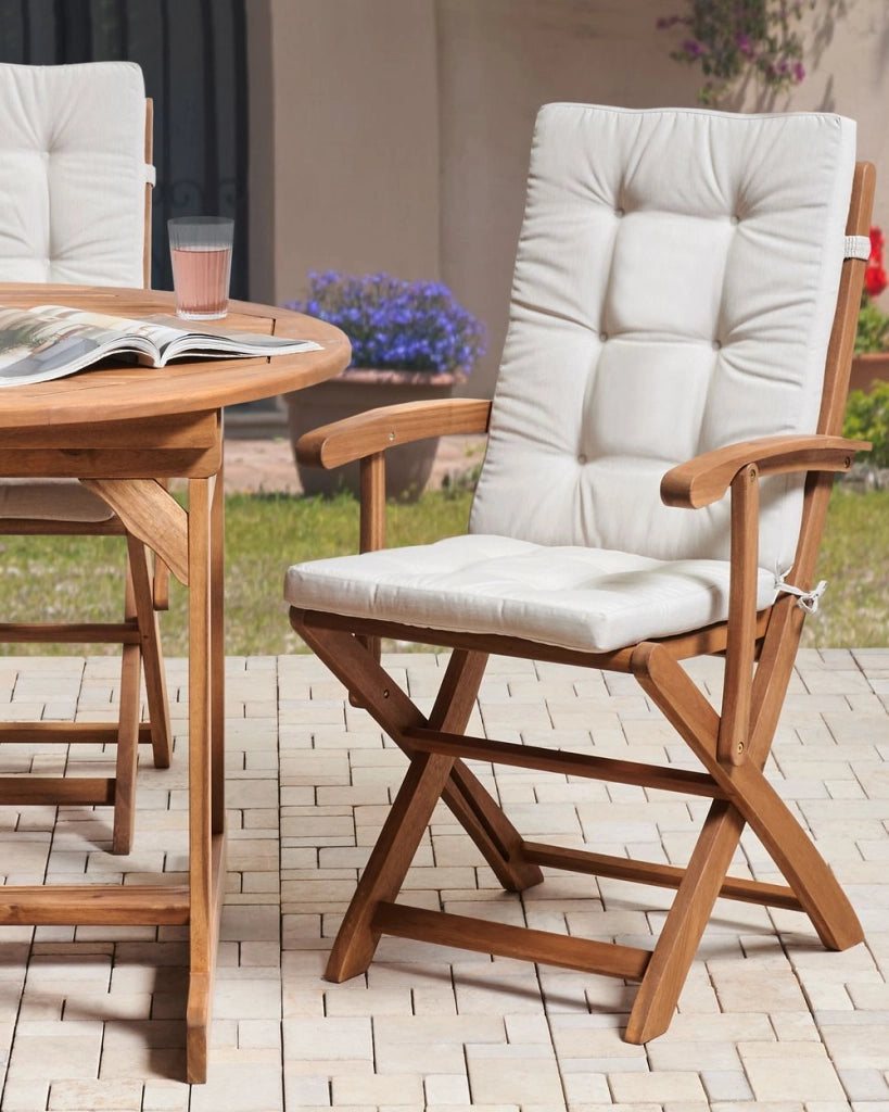 Set di 2 sedie da pranzo da giardino in legno con cuscini telaio in legno di acacia pieghevole design rustico beige chiaro