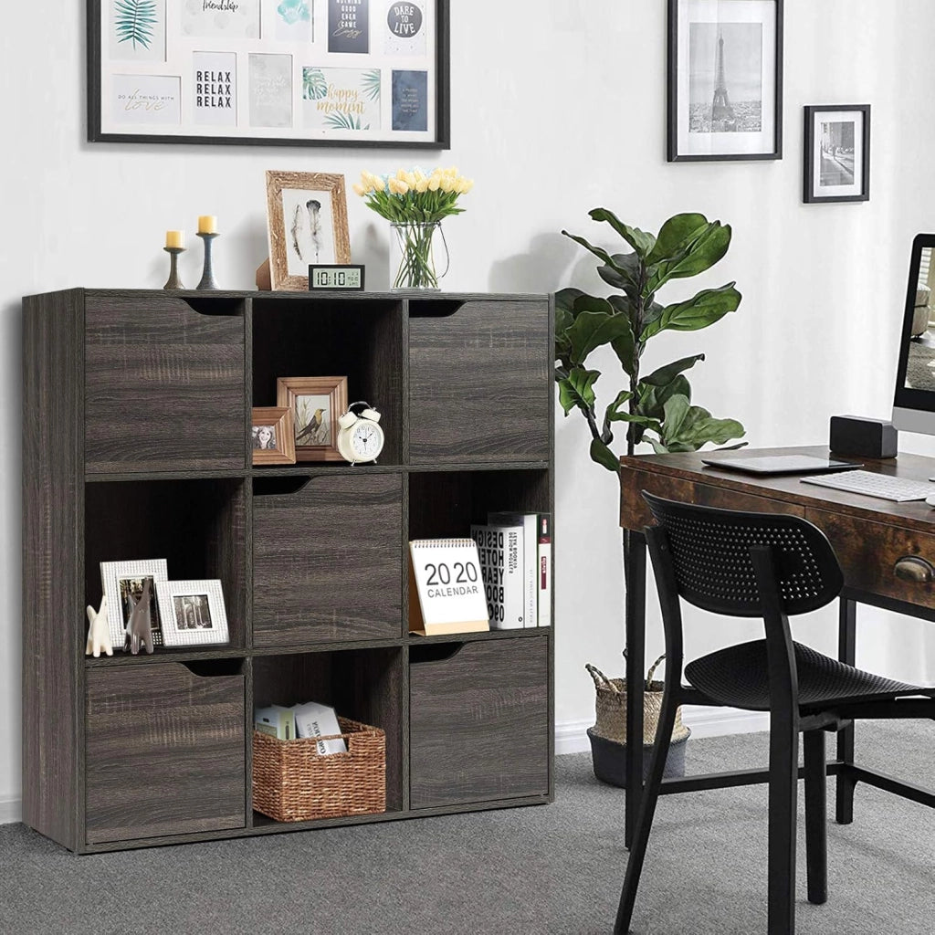 Armadietto Libreria a 3 Livelli, con 6/9 Scomparti, 3/5 Ante, Mobiletto Portalibri Moderno, Multiuso e Salvaspazio, Ideale per Soggiorno, Studio, Ufficio, Camera (Grigio, 90x29x90 cm)
