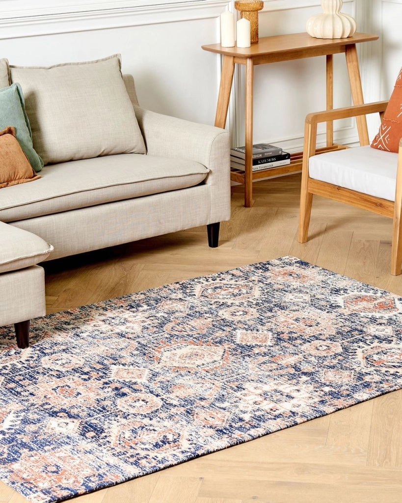 Tappeto lungo in cotone blu e rosso 140 x 200 cm con effetto invecchiato stile orientale ingresso soggiorno