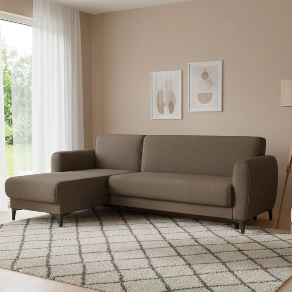 Divano letto Aber, Divano letto ad angolo con penisola reversibile, SofÒ  contenitore moderno con chaiselongue e 3 cuscini, Cm 230x153h85, Marrone