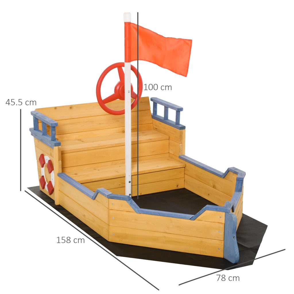 EasyComfort Sabbiera per Bambini in Legno a Forma di Nave dei Pirati con Vano Contenitore, 158x78x45.5 cm