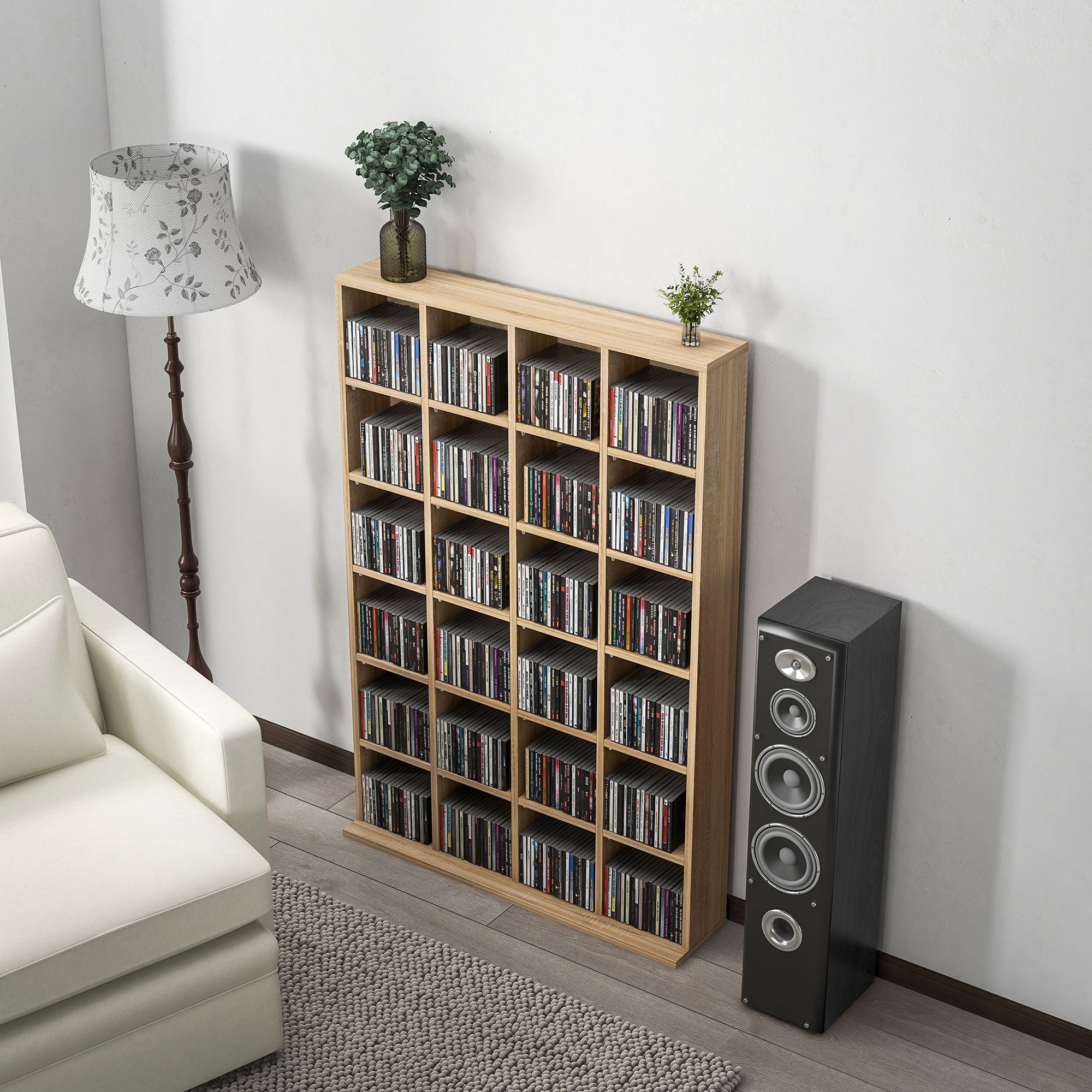 Mobile Porta CD 89x20x130.5 cm con Ripiani Regolabili per 456 CD o 336 DVD 24 Scomparti in Legno