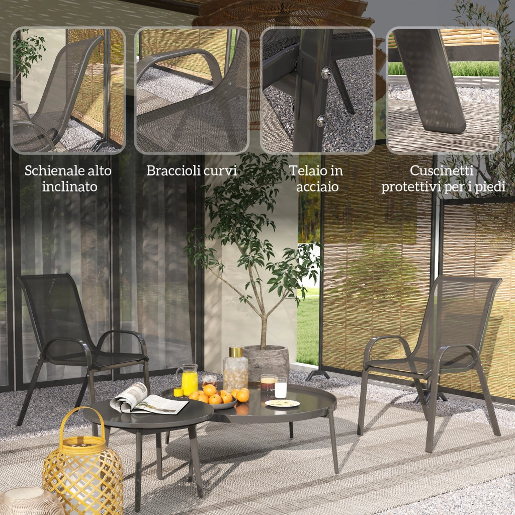 Set 2 Sedie da Giardino Impilabili con Braccioli Curvi, in Acciaio e Tessuto Traspirante, 54x71x93 cm, Nero
