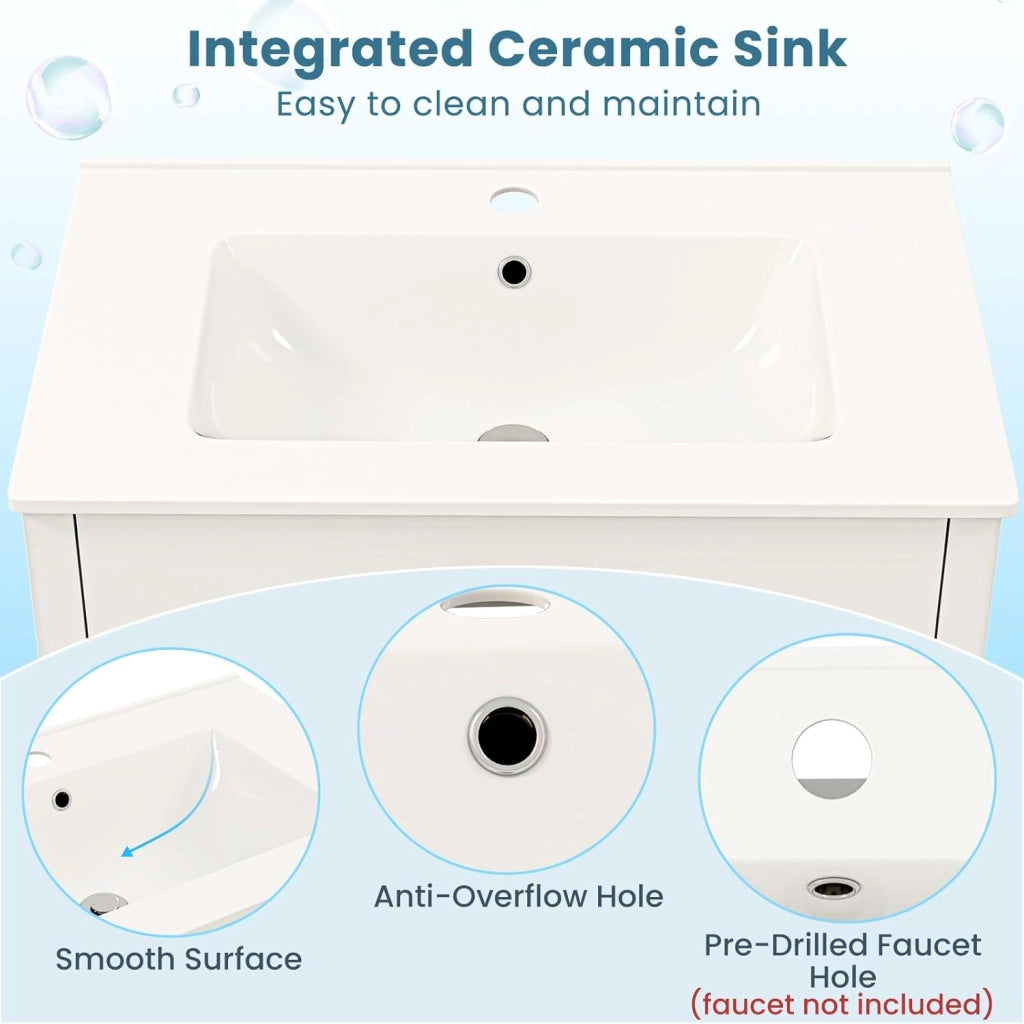 Mobile da bagno con lavabo in ceramica, armadio sotto il lavabo con 2 cassetti e 1 scomparto con porta, 76 x 46,5 x 86 cm, mobile lavabo per bagno, lavanderia, bianco
