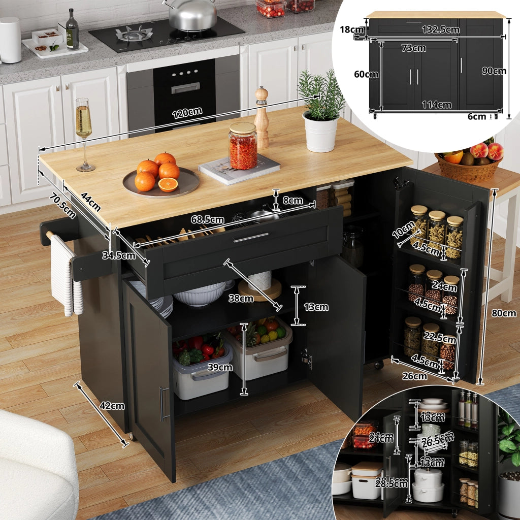 Carrello da Cucina con 2 Ante; 1 Cassetto; Ripiani Regolabili e Portasciugamani; in MDF; Nero e Naturale; 132;5 x 44 x 90 cm