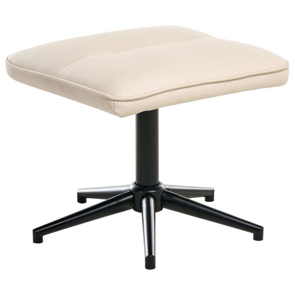 Poltrona reclinabile beige chiaro con poggiapiedi in ecopelle vegana, girevole e imbottita, con struttura in metallo dal design retrò.