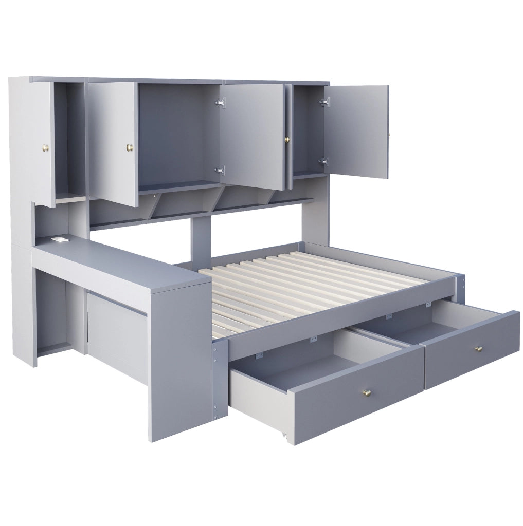 Letto 90x200 cm con scrivania, LED, prese e cassetti in compensato e MDF grigio