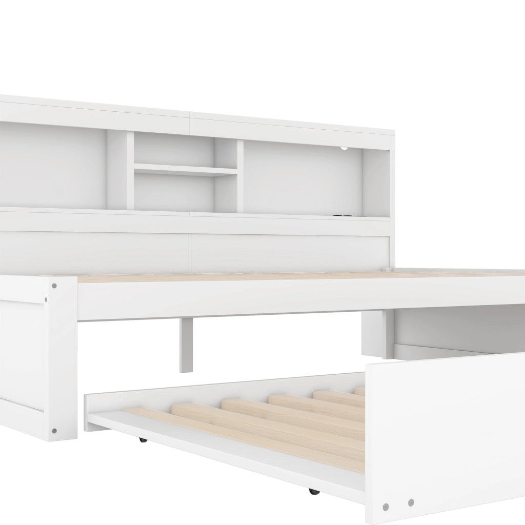 Letto estraibile singolo 90×200 cm con LED; vano laterale; prese e USB; senza materasso; bianco