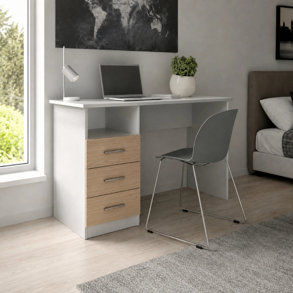 Scrivania Desk Per Studio Con Cassetti Laterali Postazione PC Salvaspazio Ufficio Soggiorno E Cameretta 120 X 72 X 48 Cm Bianco E Rovere