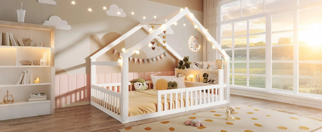 DESMIU Letto per bambini 2 posti con sponde, scaffali e LED 140 × 190 cm, senza materasso, bianco
