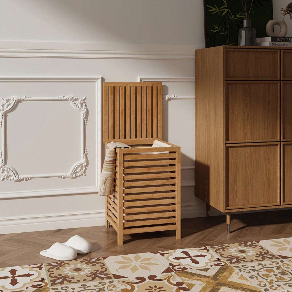Mobile Portabiancheria Jystiand in Bambù con Coperchio Ribaltabile 57x40x40 cm 64 L [en.casa]