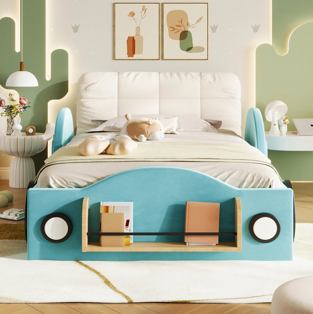 Letto imbottito 90x200 cm con contenitore idraulico; tasche laterali e cuscino grande in flanella blu