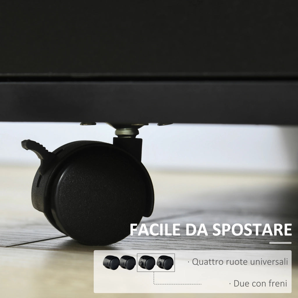Mobile Porta Stampante 60x50x65,5 cm a Rotelle con Armadietto e 3 Ripiani Aperti in Legno Nero