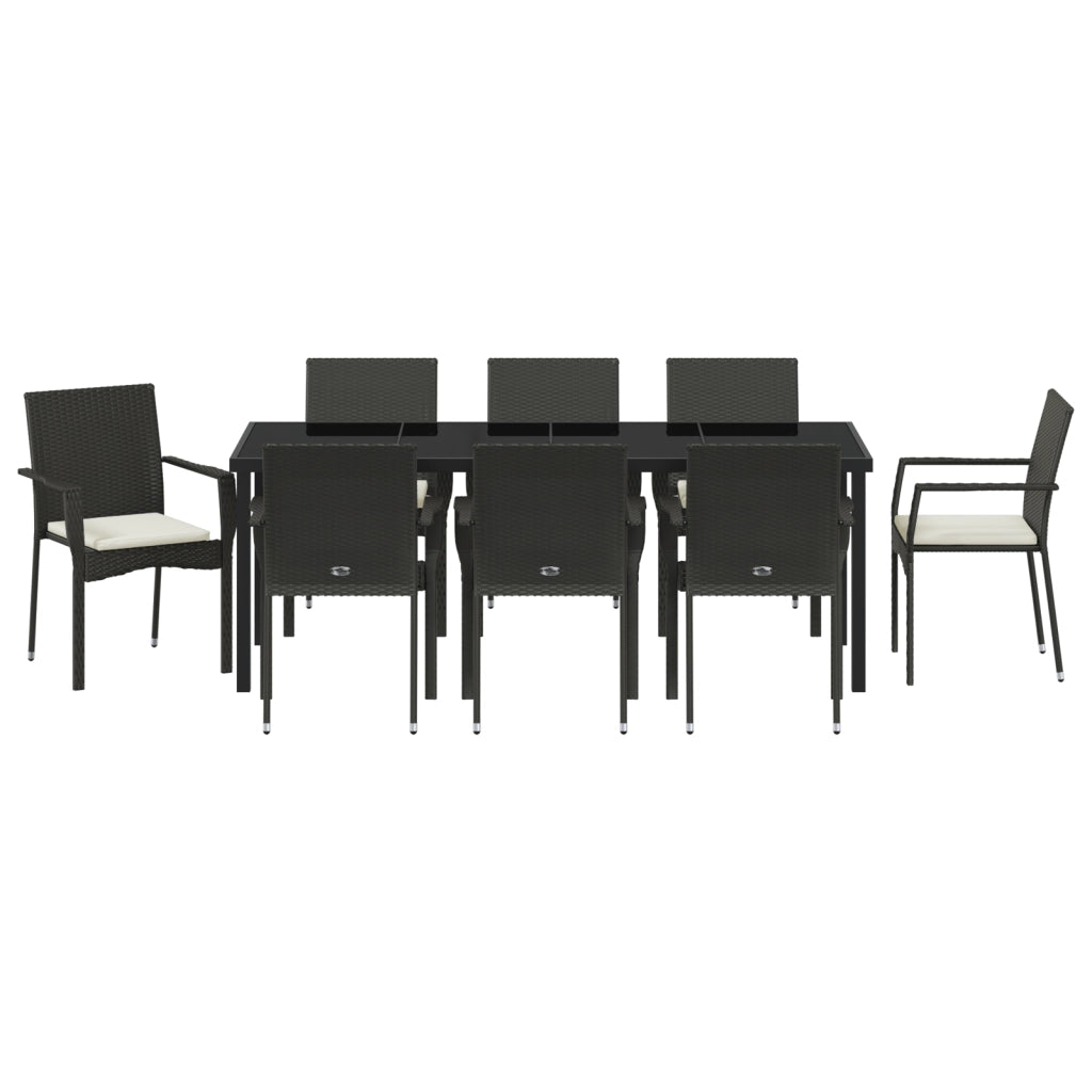 Set pranzo giardino 9 pezzi cuscini Nero Polyrattan