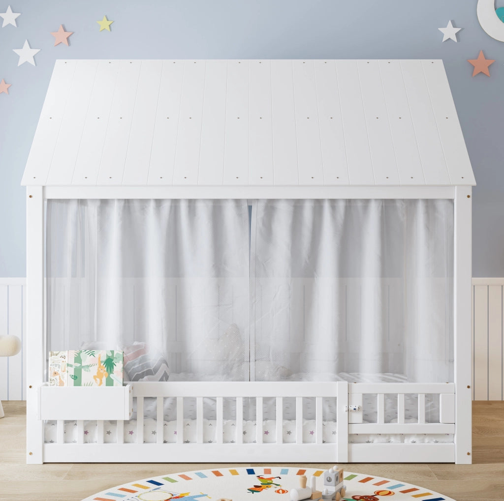 Letto singolo per bambini 140x200 cm bianco con tende