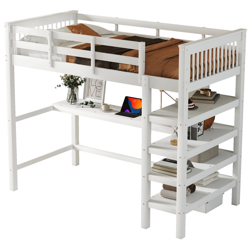 Letto a soppalco 90x200 cm con scrivania e ripiani; legno; bianco (Senza materasso)