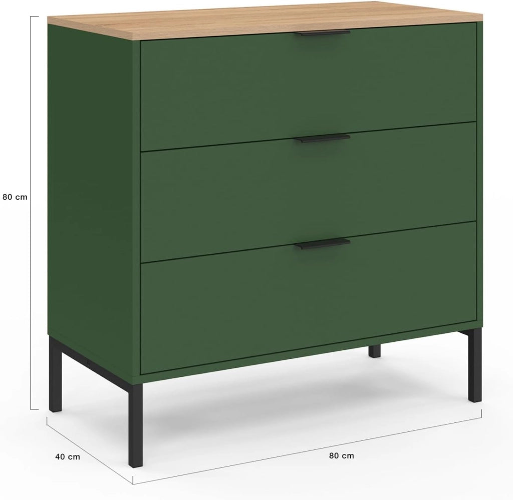 KELIA 80 cm cassettiera a 3 cassetti verde cachi con piano in legno