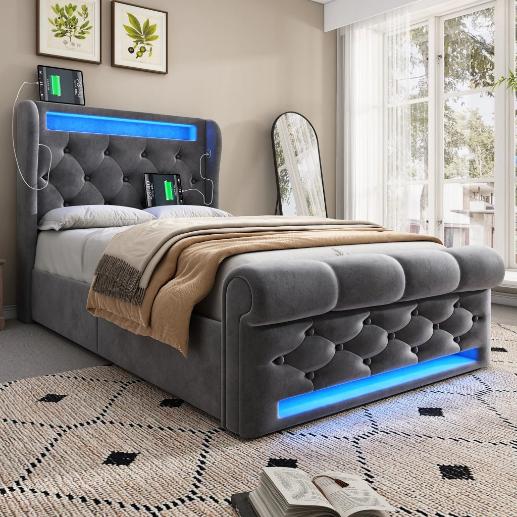 LETTO Imbottito contenitore 90x200 cm velluto grigio con LED, USB-C e materasso