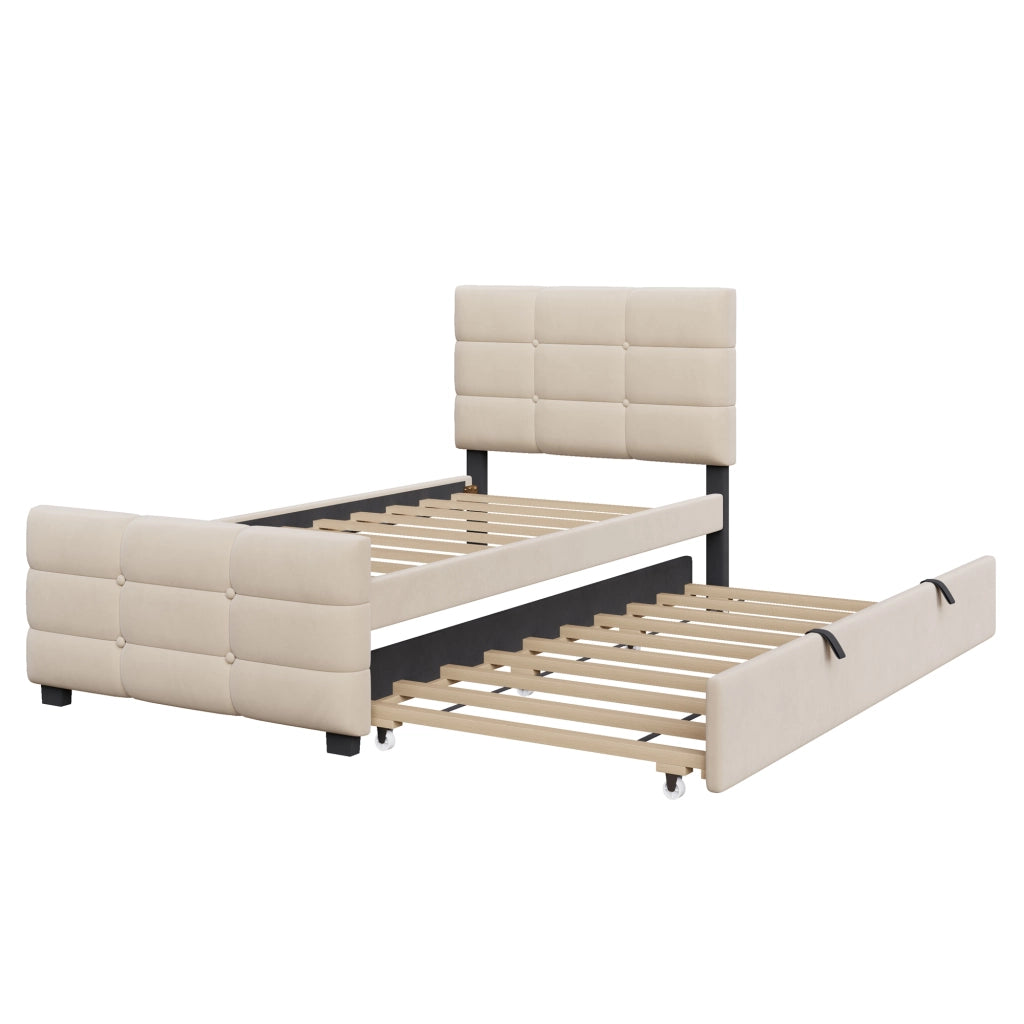 Letto Singolo Imbottito con Letto Estraibile ¨C MINIMAL ¨C Velluto Beige 90x190
