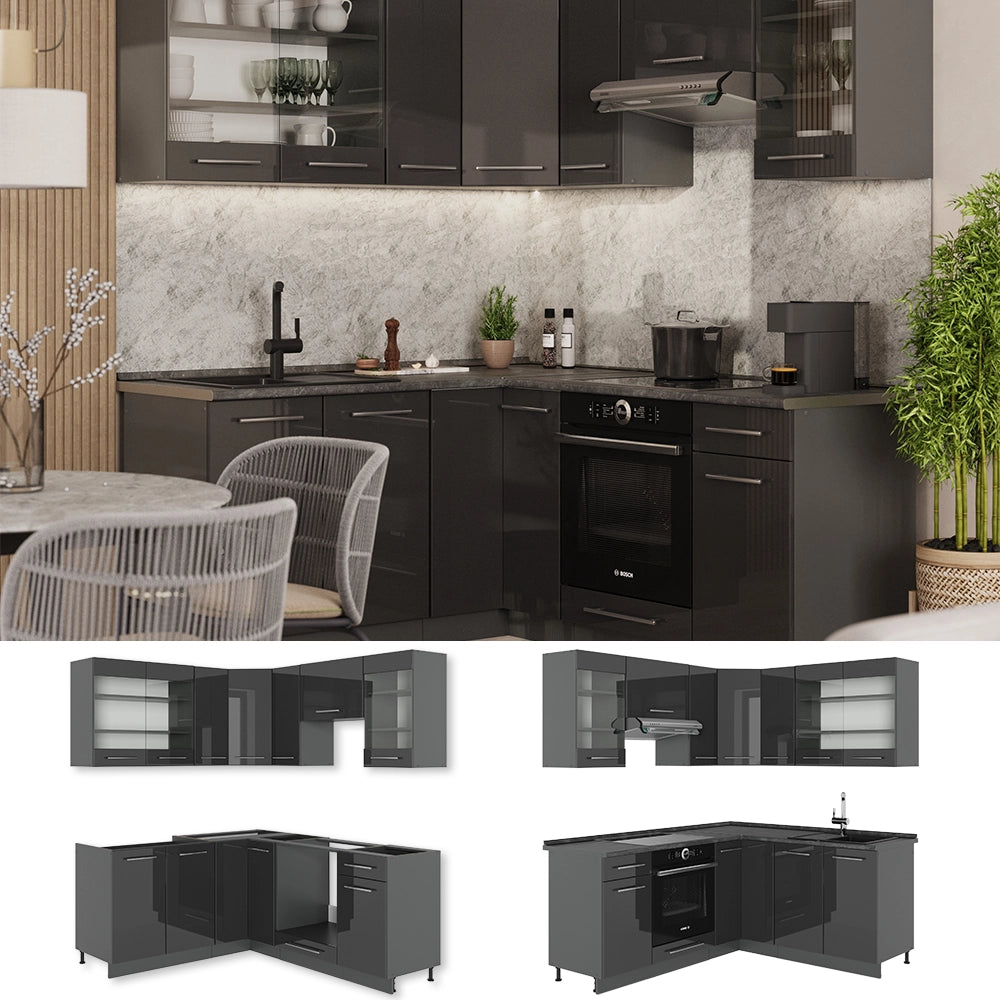 Vicco Cucina angolare completa Antracite lucido 190 x 46 cm senza piano di lavoro