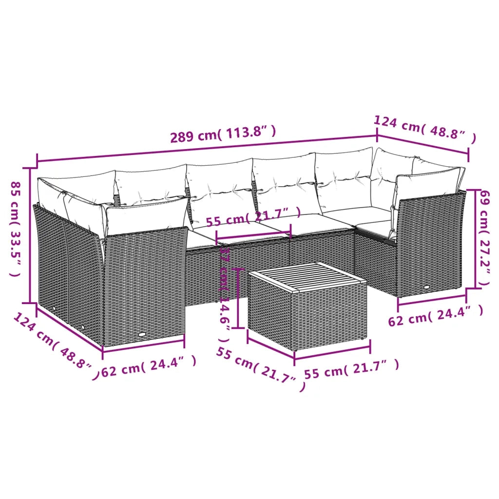 Set Divano da Giardino 8 pz con Cuscini Beige in Polyrattan