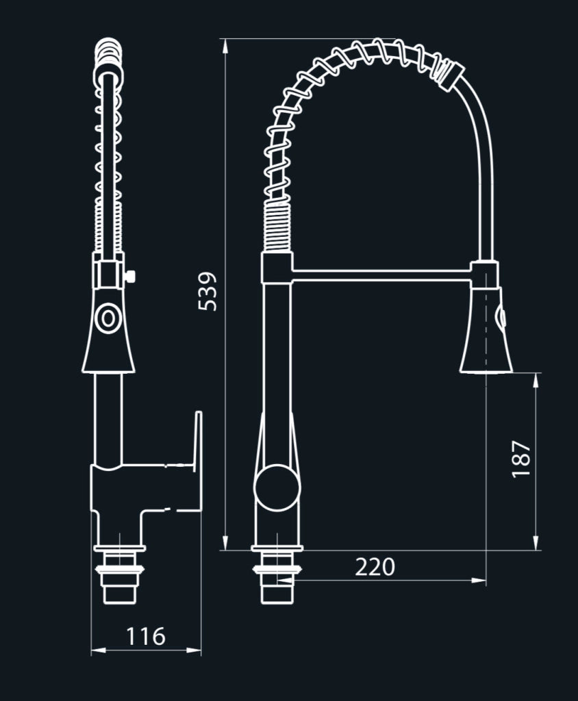 Rubinetto cucina industriale 50 cm in ottone con leva clinica e doccetta professionale