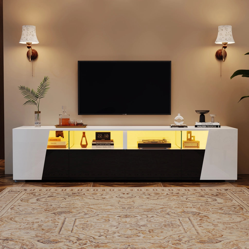 Mobile porta tv con led 2 ante 2 cassetti 4 vani aperti per soggiorno in mdf e vetro bianco e nero 180 × 38,5 × 45 cm