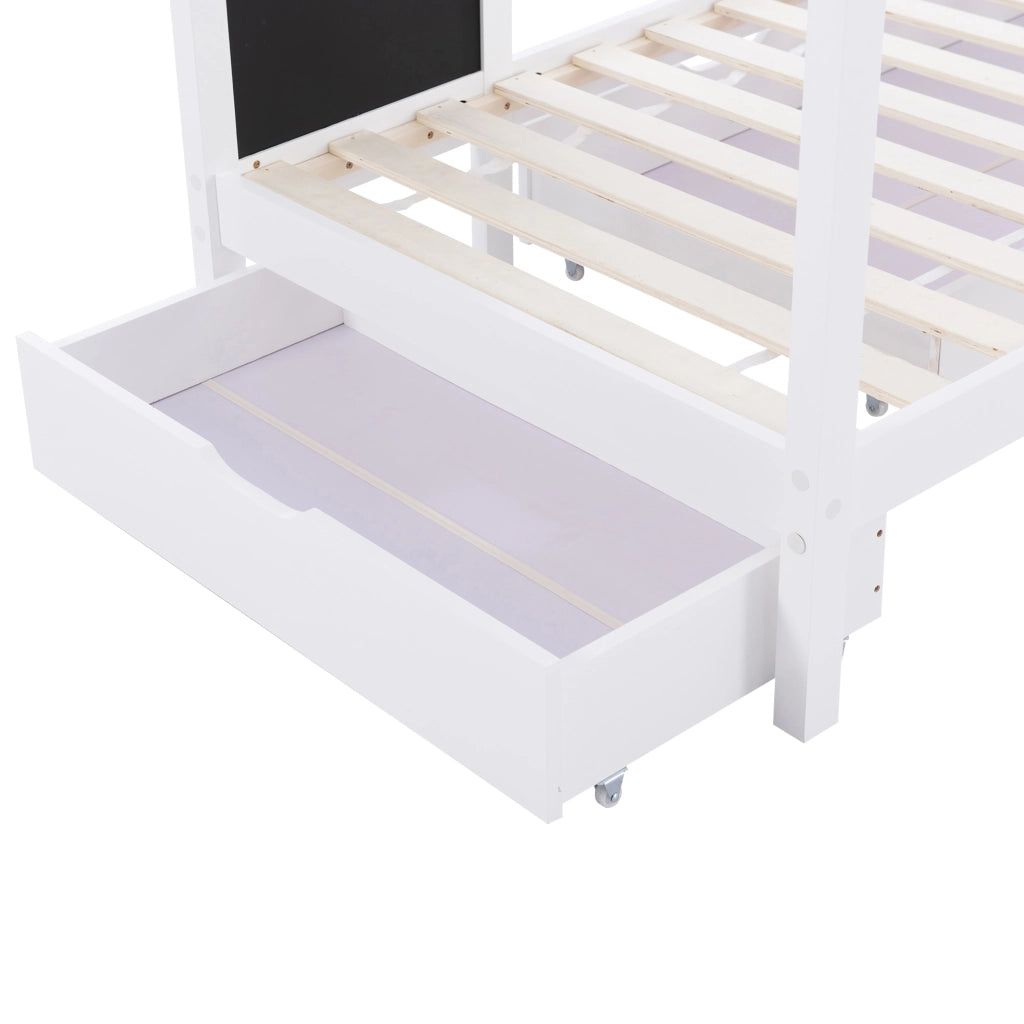Letto Casetta 90 x 200 cm con 2 Cassetti e Lavagna; con Sponda in Legno - Bianco