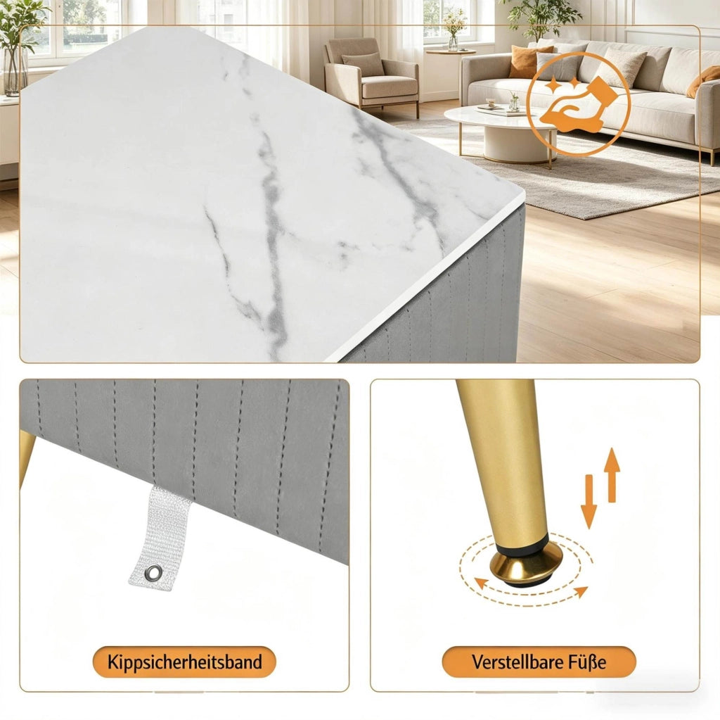 Comodino grigio con 3 cassetti in MDF, velluto e legno massello, 40,5x62x41 cm