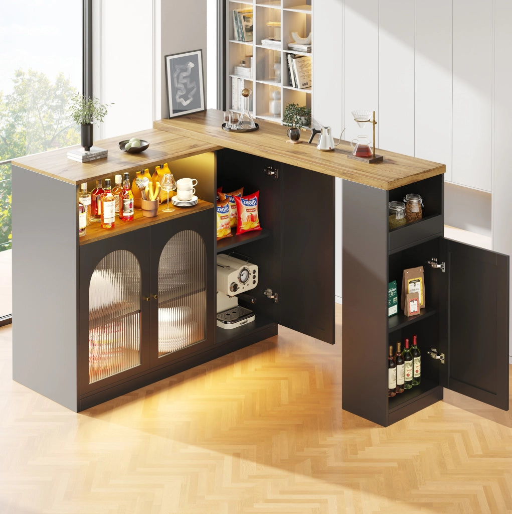 Mobile bar girevole a 360° con LED e vetrina, nero